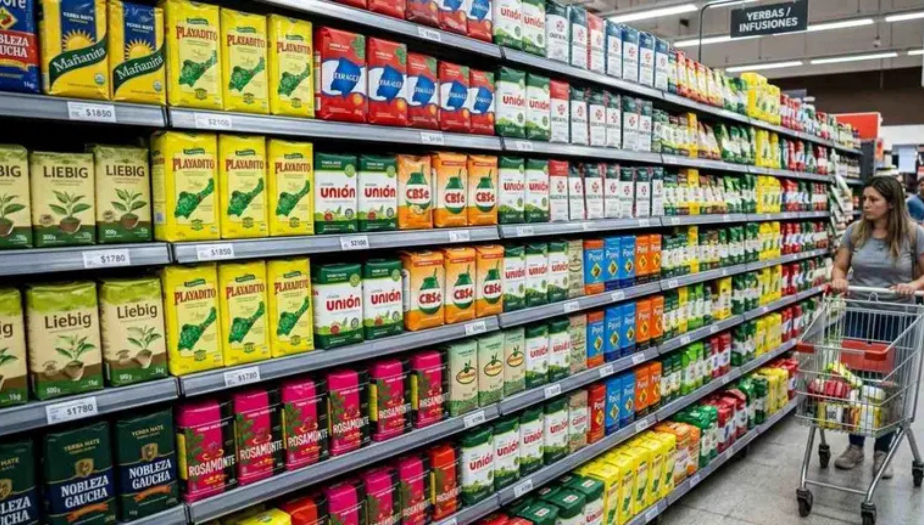 Rayon de supermarché rempli de paquets de yerba maté