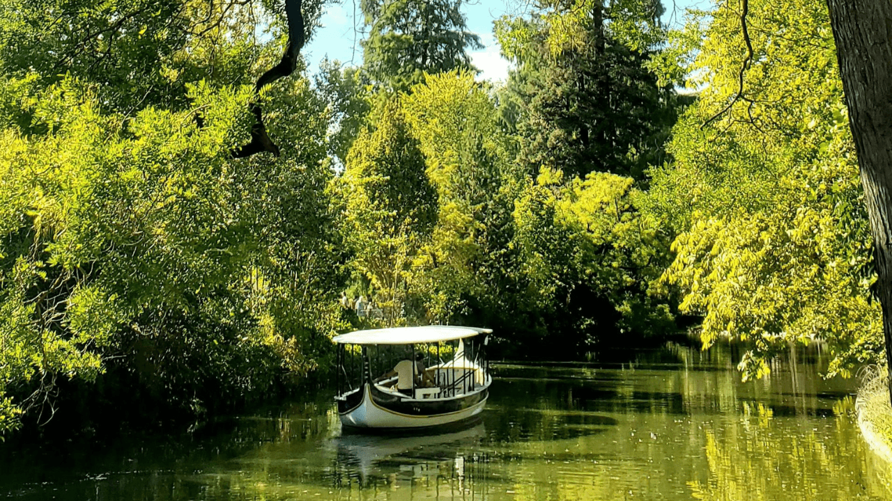A small wooden boat moving down a green arroyo in the Paraná Delta near Tigre