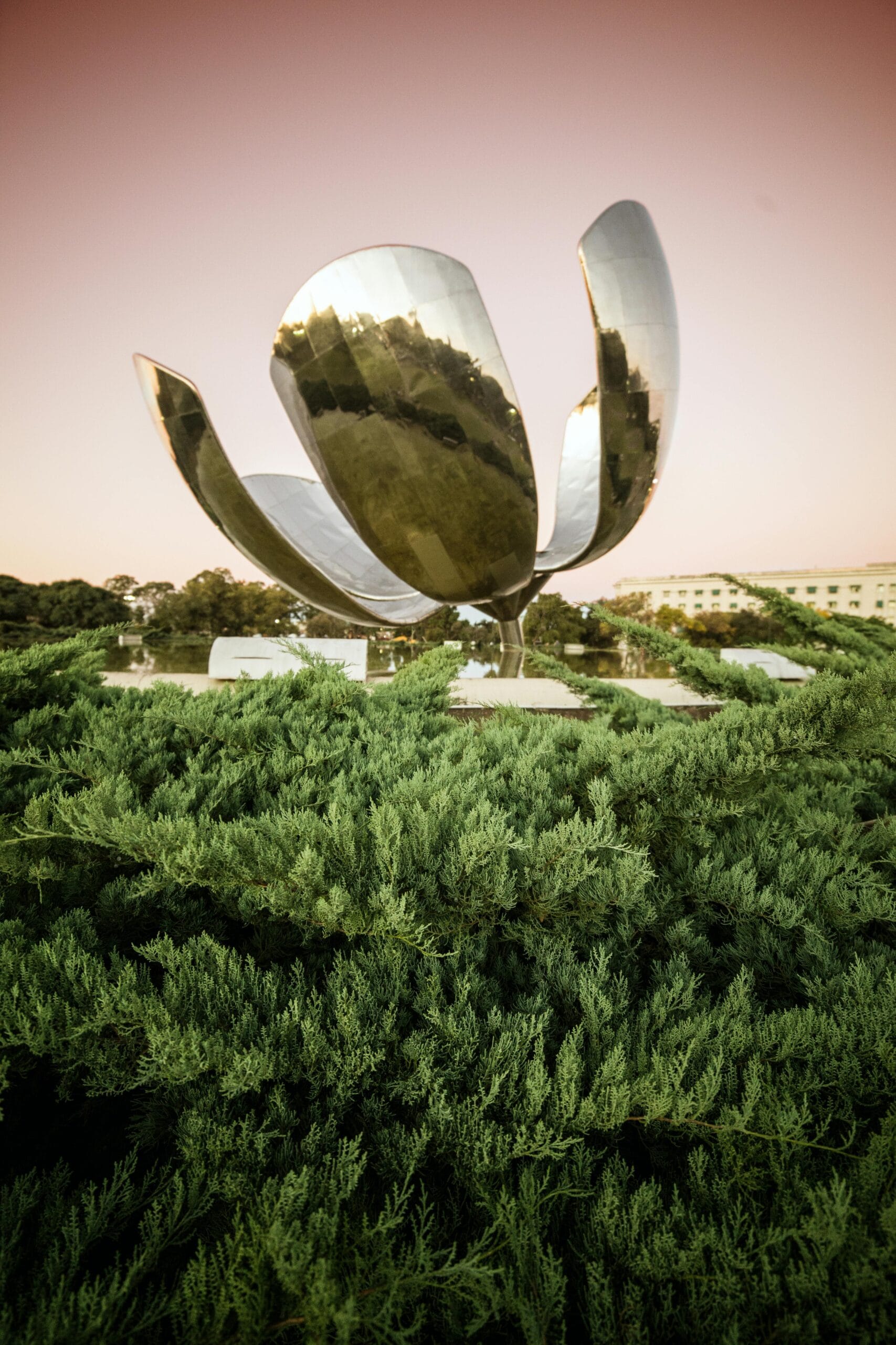 The steel Floralis Generica sculpture in Recoleta seen across its plaza